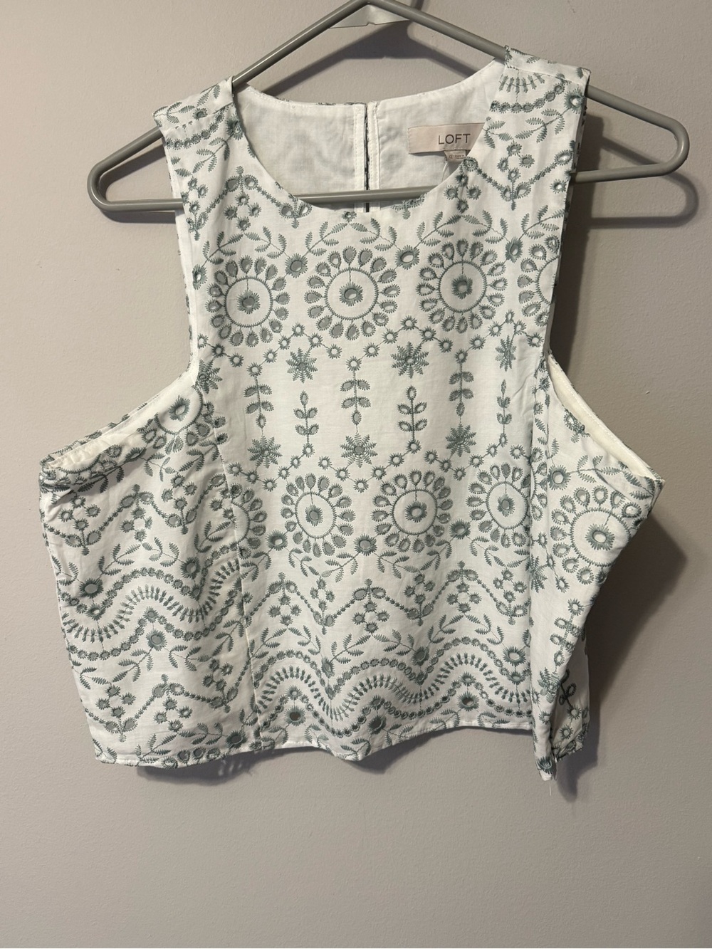 LOFT White Cropped Embroidered Tank with Sage Green Floral Motif